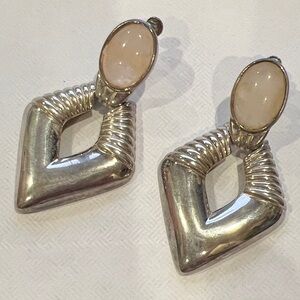 26 Retro Silver Geometric Drop Earrings with Cream Stone Screw On